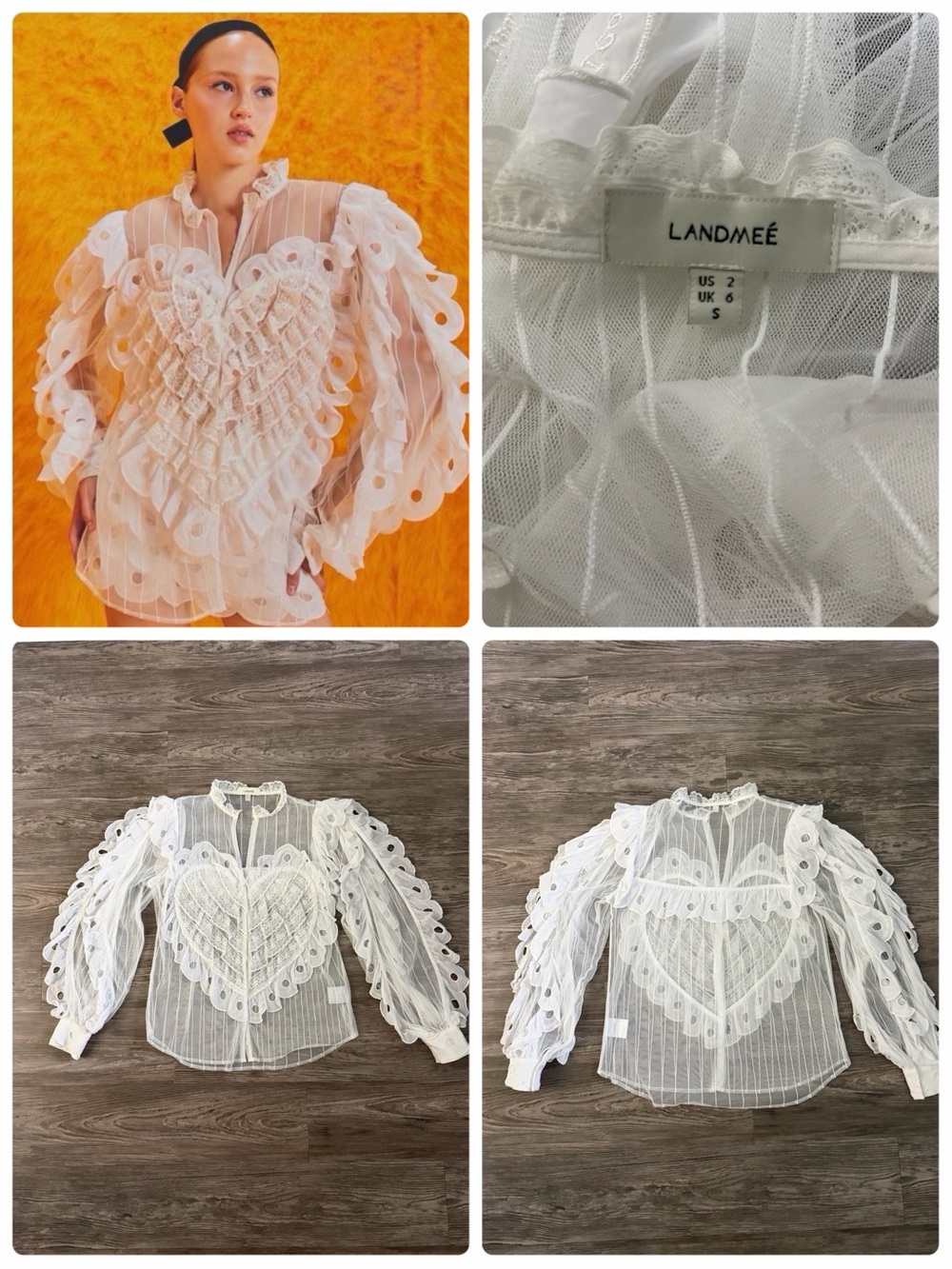 Landmee White Sheer Heart Appliqué Blouse